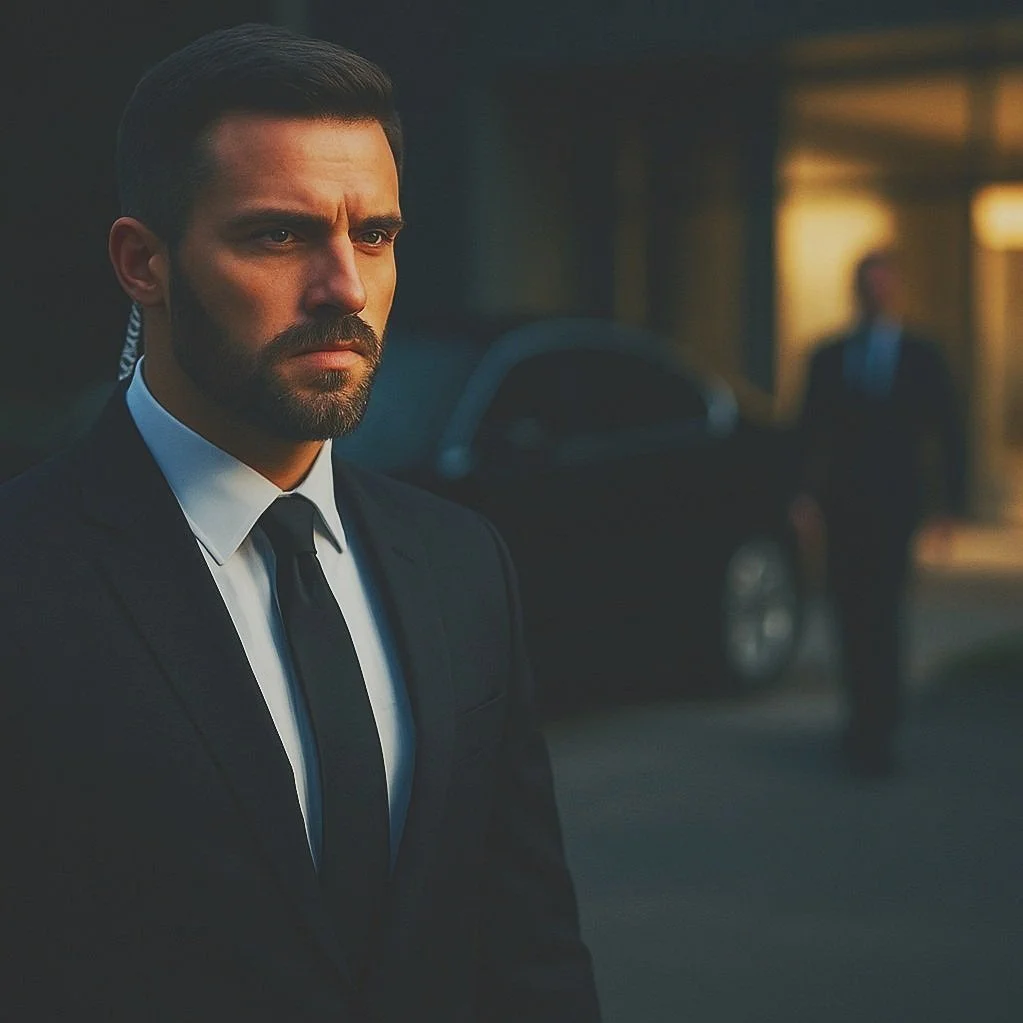 A man with a beard and mustache wearing a black suit, white shirt, and black tie stands outside during sunset, with a serious expression. In the background, another man in a suit is walking near a black car.