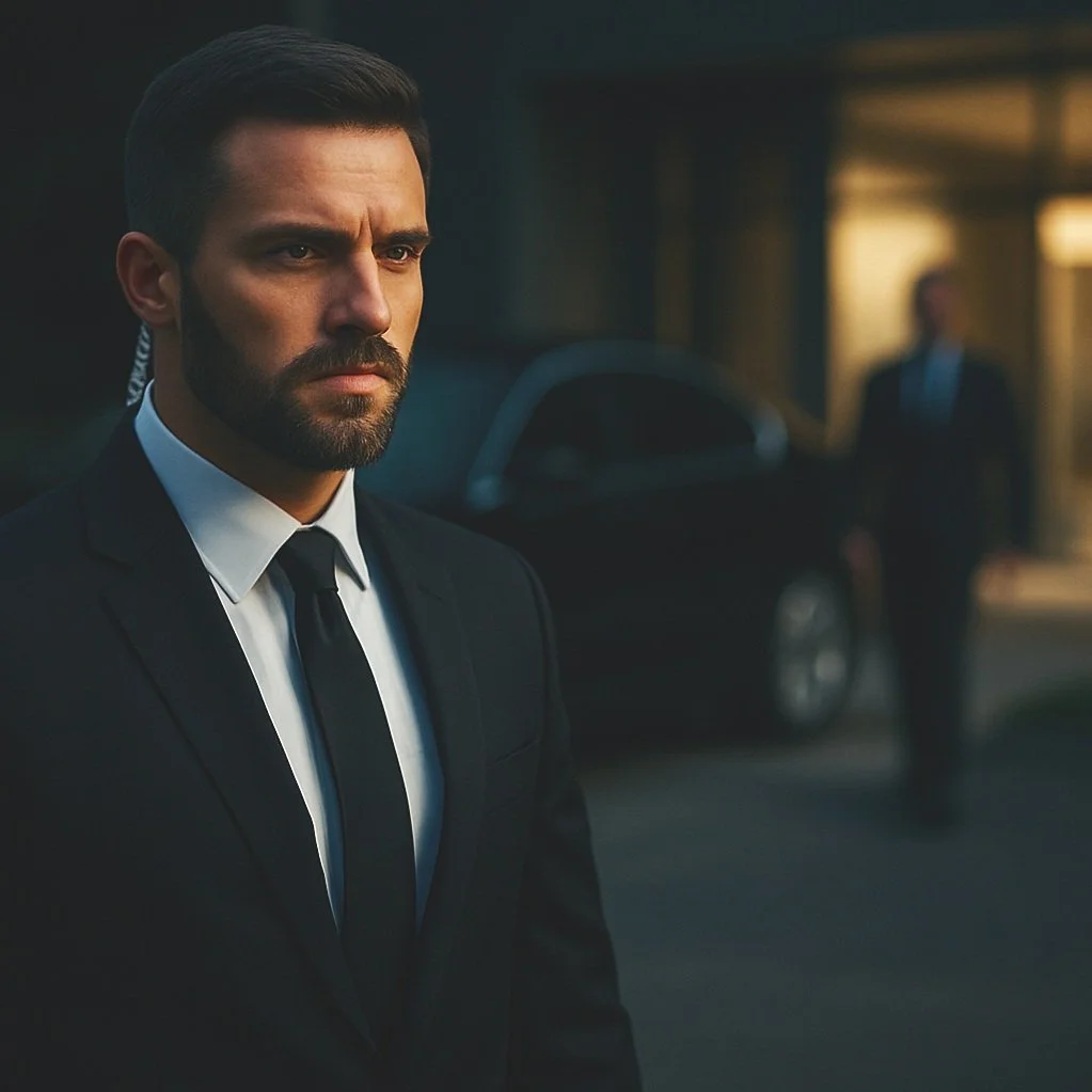 Man in formal black suit with tie, standing outside near a black car, with a serious expression on his face, blurred man in the background.