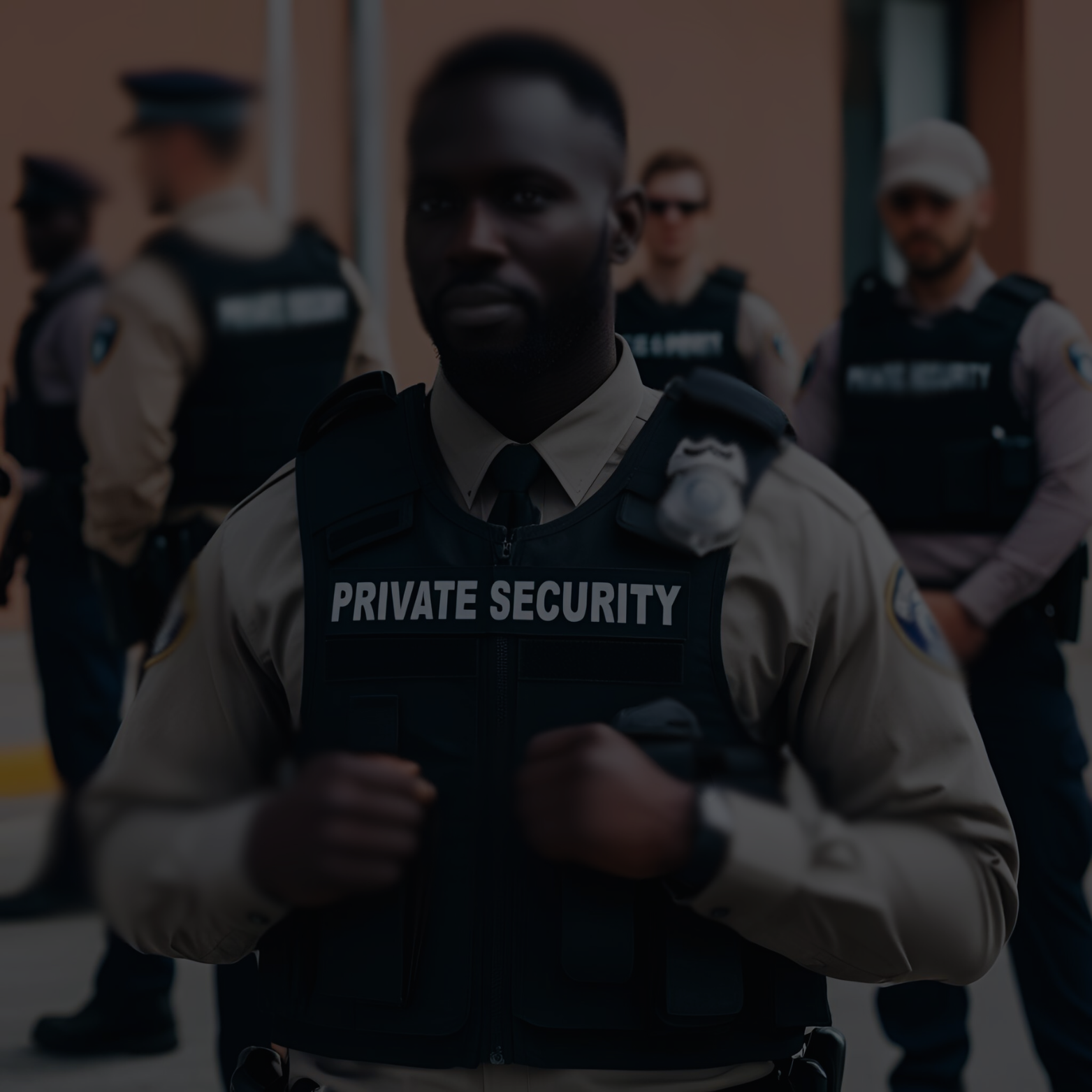 A group of security personnel wearing beige uniforms and black vests labeled 'Private Security', standing outdoors.