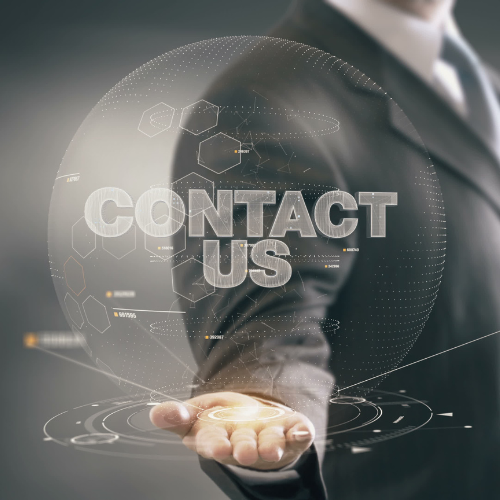 A person in business attire extending their hand with a digital contact information overlay that reads 'Contact Us' and includes futuristic graphic elements.