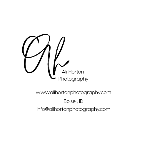 Business card for Ali Horton Photography with a large, stylized initials 'A' and 'H', contact information, and website, set against a white background.