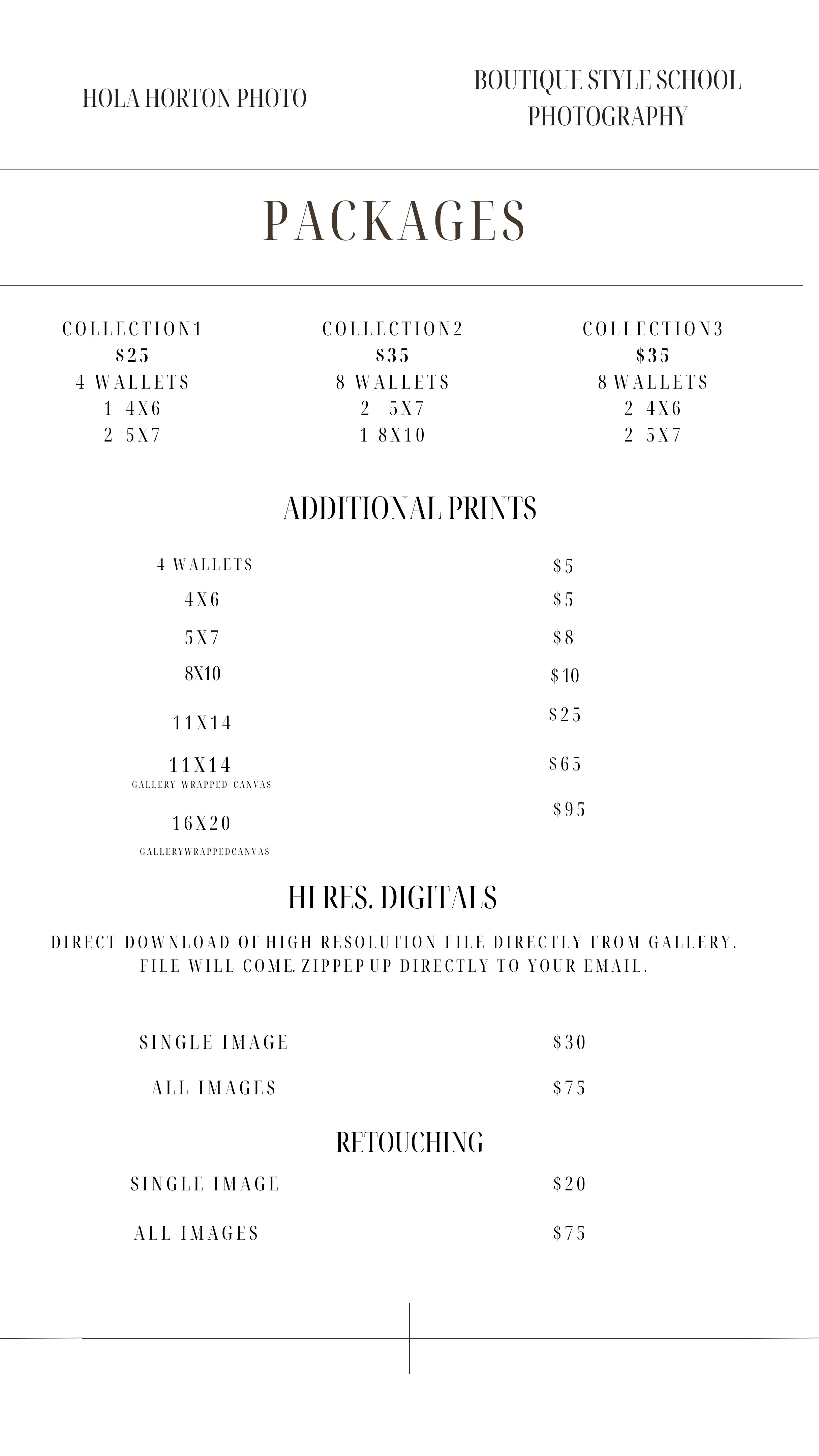 Pricing and package options for boutique style school photography, listing packages, additional prints, high-resolution digital files, and retouching services.