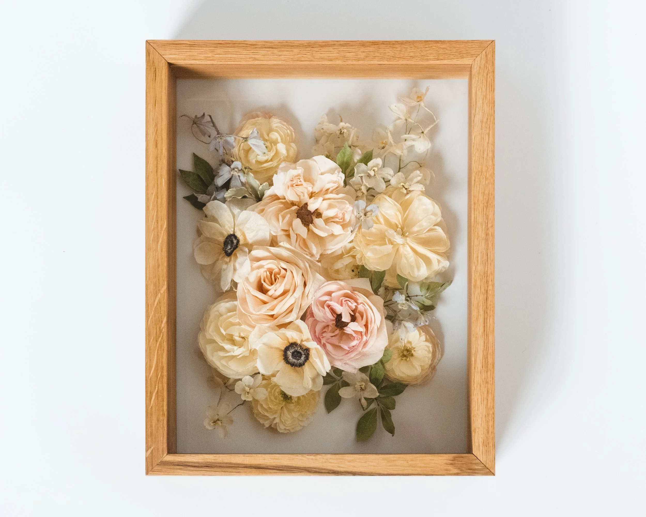 11x14" White Oak Shadowbox Floating Frame: Three Dimensional Bouquet Style Florals