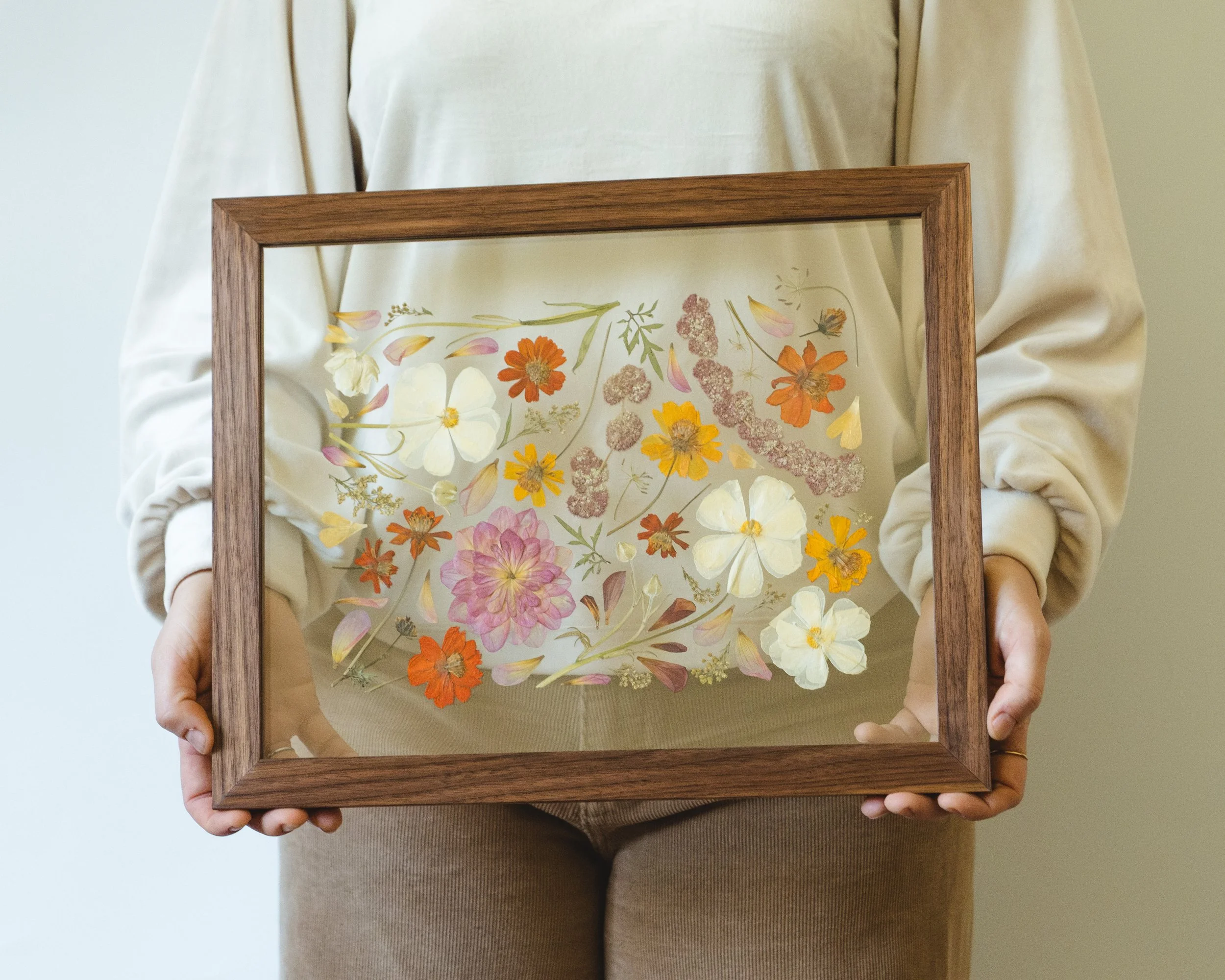11x14" Walnut Grain Match Floating Frame | Pressed Wallpaper Style Florals