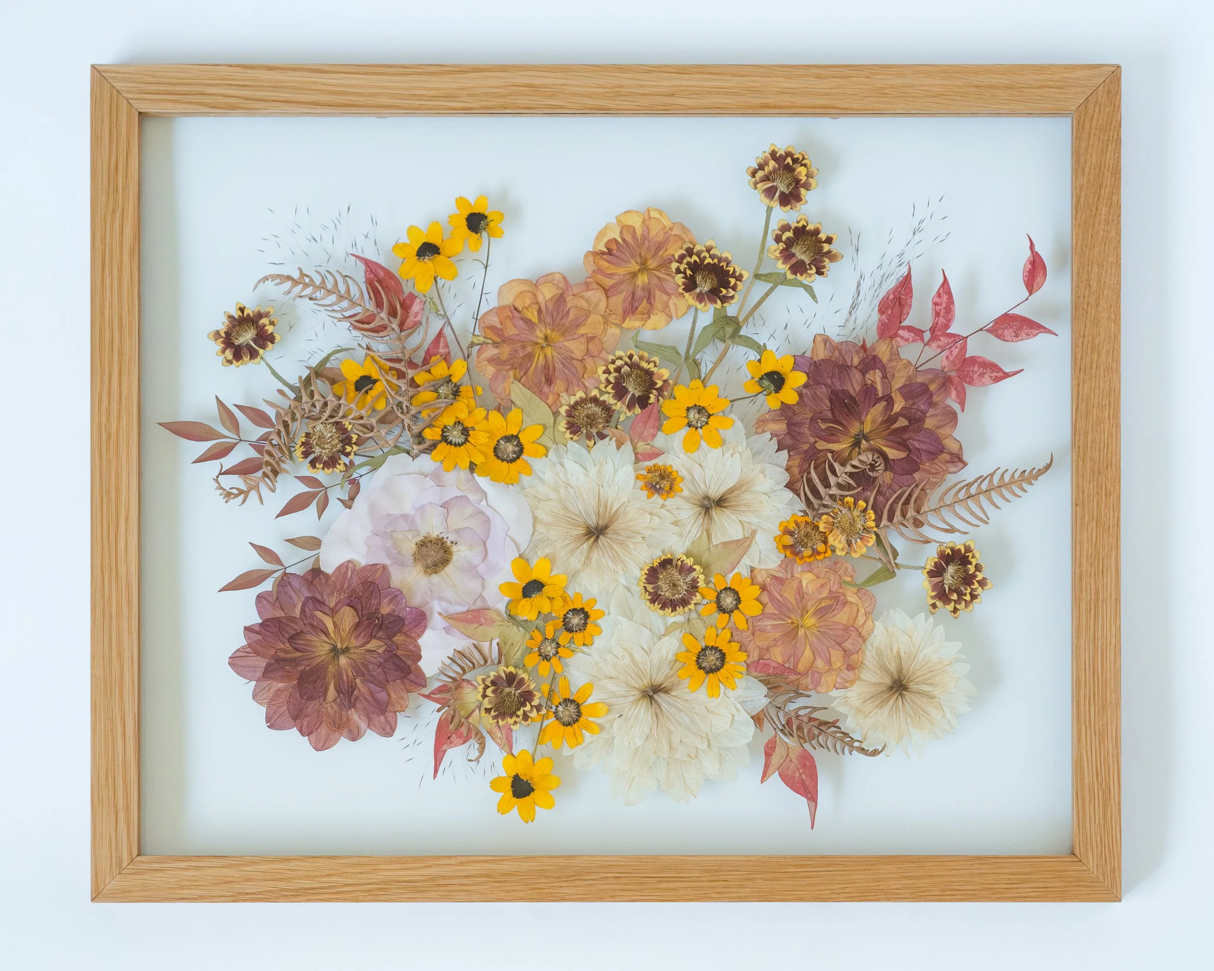 16x20" Oak Grain Match Floating Frame | Pressed Bouquet Style Florals