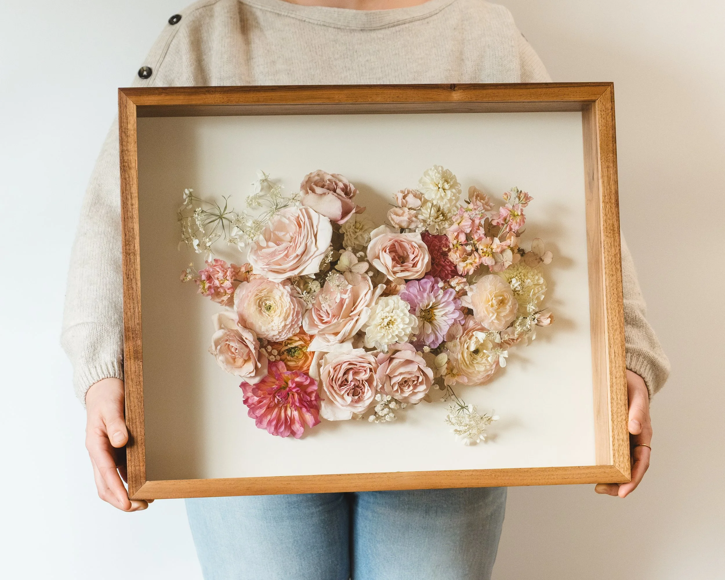 16x20" Walnut Grain Match Shadowbox | Three Dimensional Bouquet Style Florals