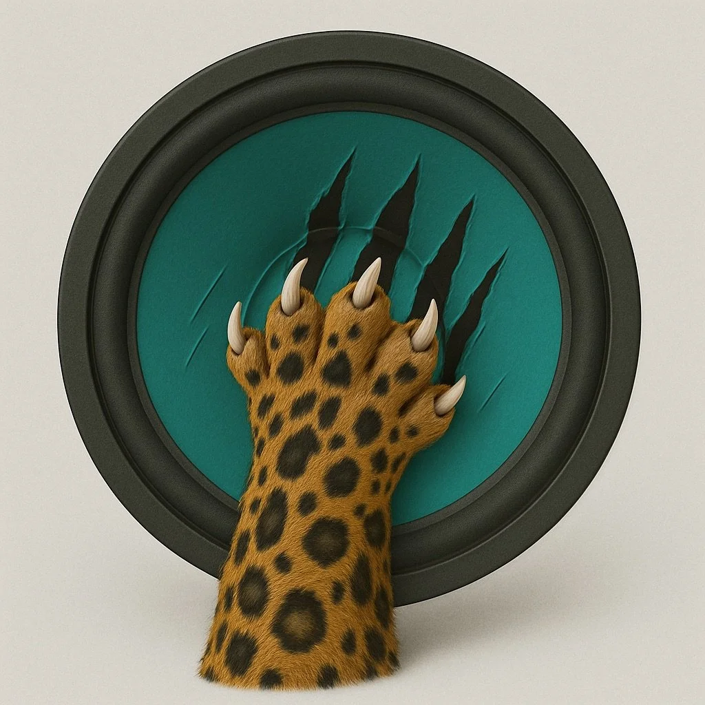 A leopard paw with claws extended reaching towards a speaker with claw marks on the surface.