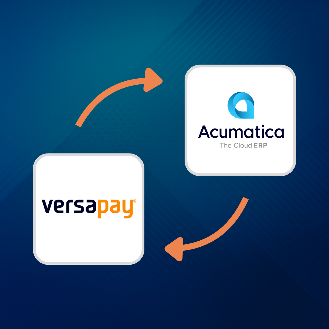 Diagram showing the integration flow between VersaPay, Acumatica ERP, with arrows indicating bidirectional data exchange.