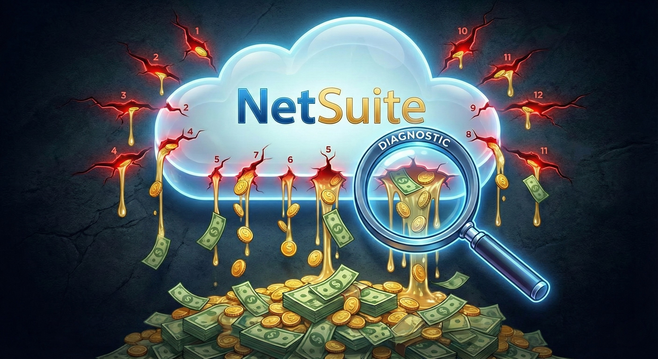 Illustration of NetSuite cloud service with dollar bills and coins flowing out, highlighting financial analysis and diagnostics in a digital cloud environment.
