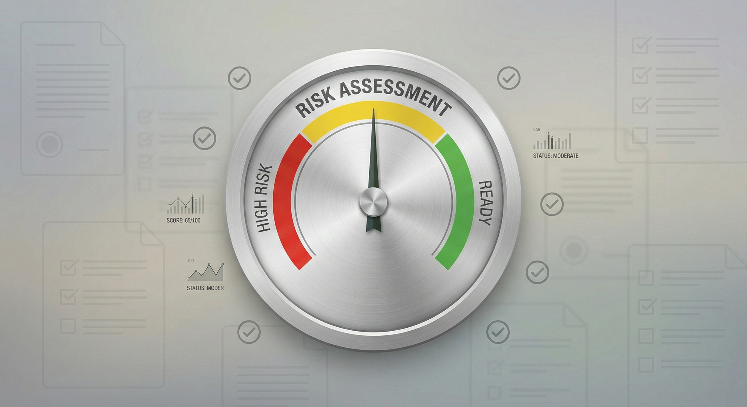 A gauge labeled 'Risk Assessment' with a needle pointing to the green 'Ready' zone, indicating low risk.