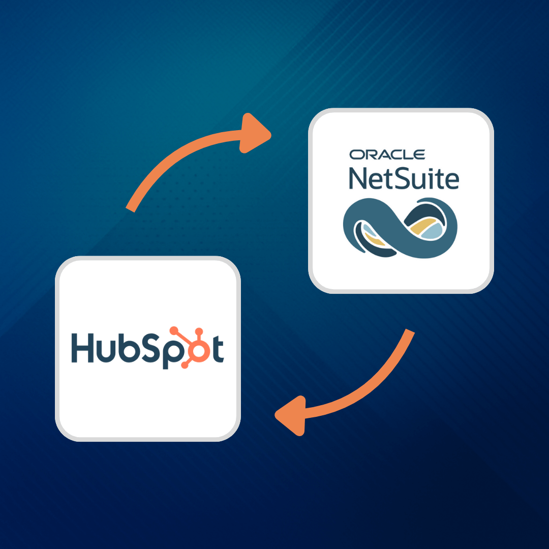 Diagram showing integration between HubSpot and Oracle NetSuite with arrows indicating data flow.