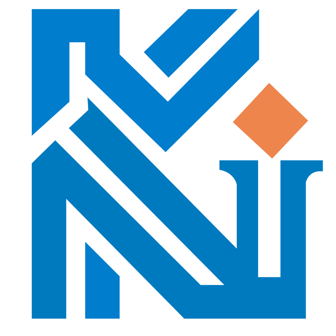 A logo consisting of interconnected blue geometric shapes forming a stylized letter 'N' and 'V' with an orange diamond shape on top.