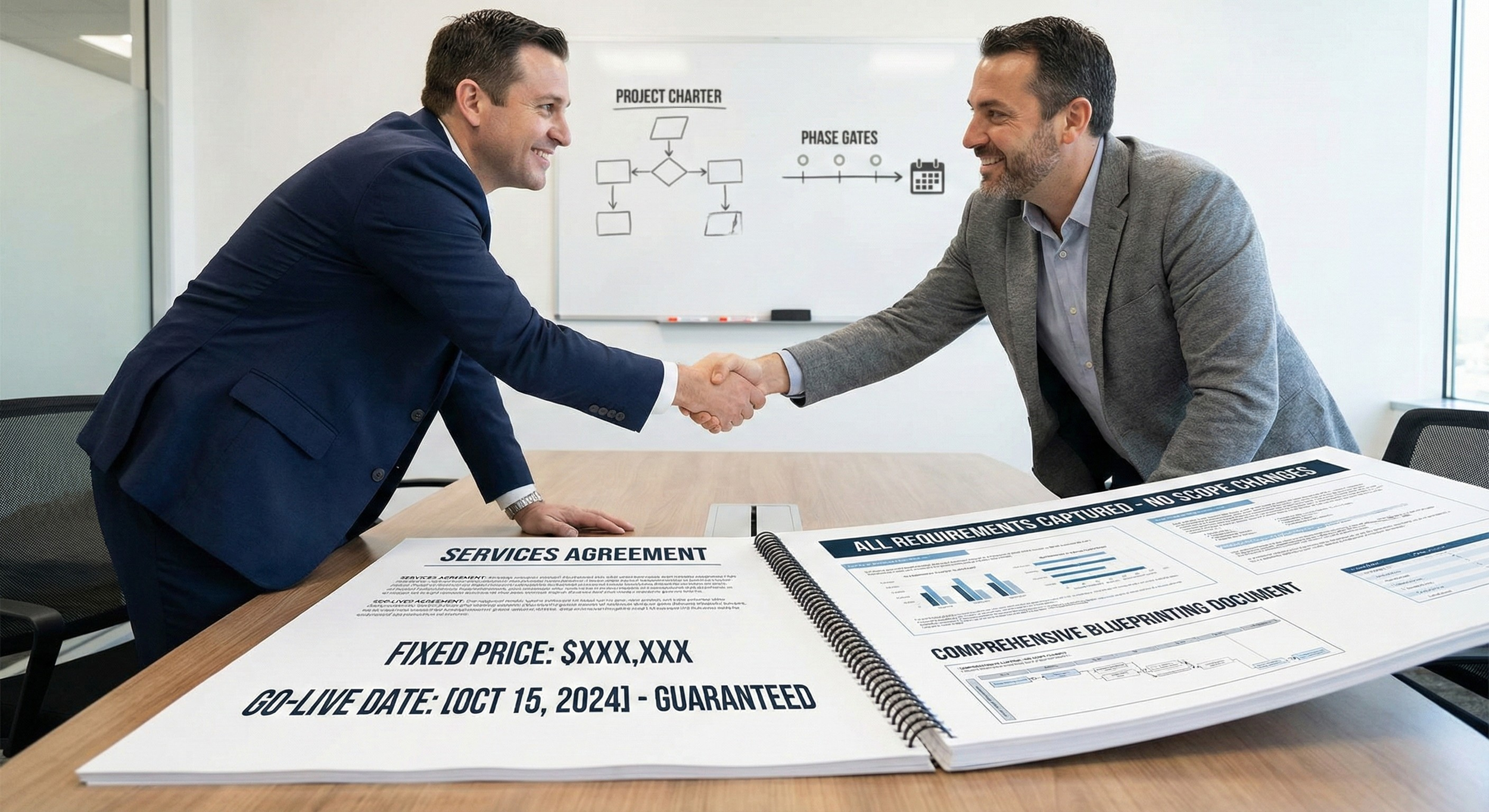 Two business men shake hands over a table with documents, one labeled 'Services Agreement' and the other 'All Requirements Captured - No Scope Changes.' They are in an office, smiling, with a whiteboard in the background showing a project charter and phase gates.
