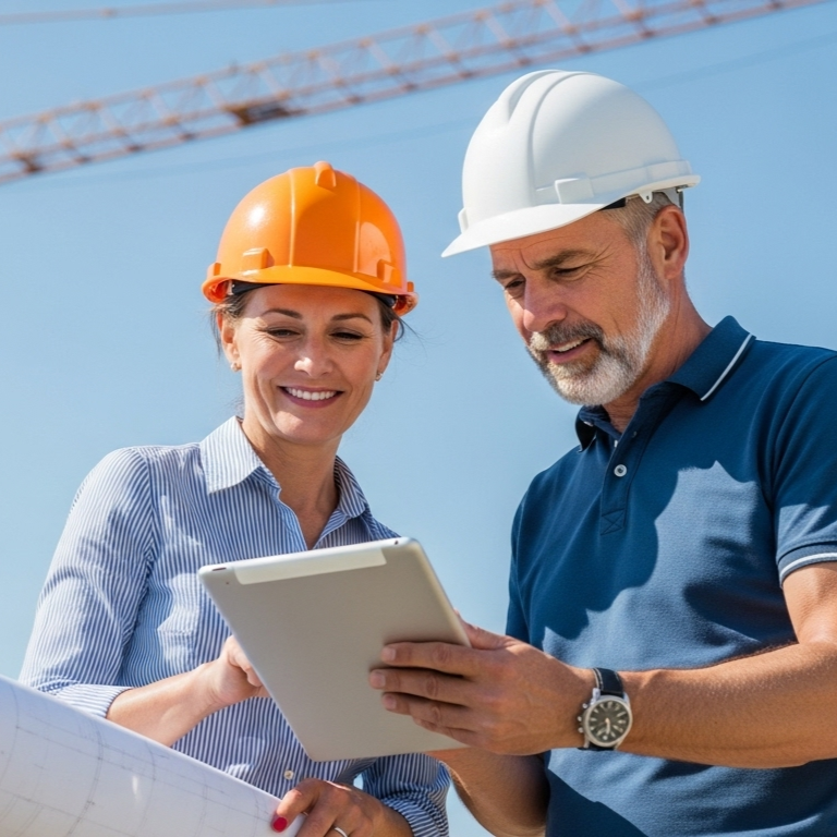 Two construction professionals, a woman and a man, wearing safety helmets, looking at a tablet. The woman wears an orange helmet, and the man wears a white helmet. They are outdoors with a crane in the background.