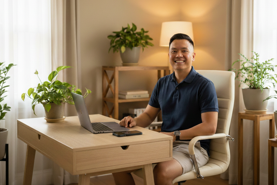 A man sitting at a desk in a well-lit room, smiling, with a laptop, phone, and several potted plants around him.