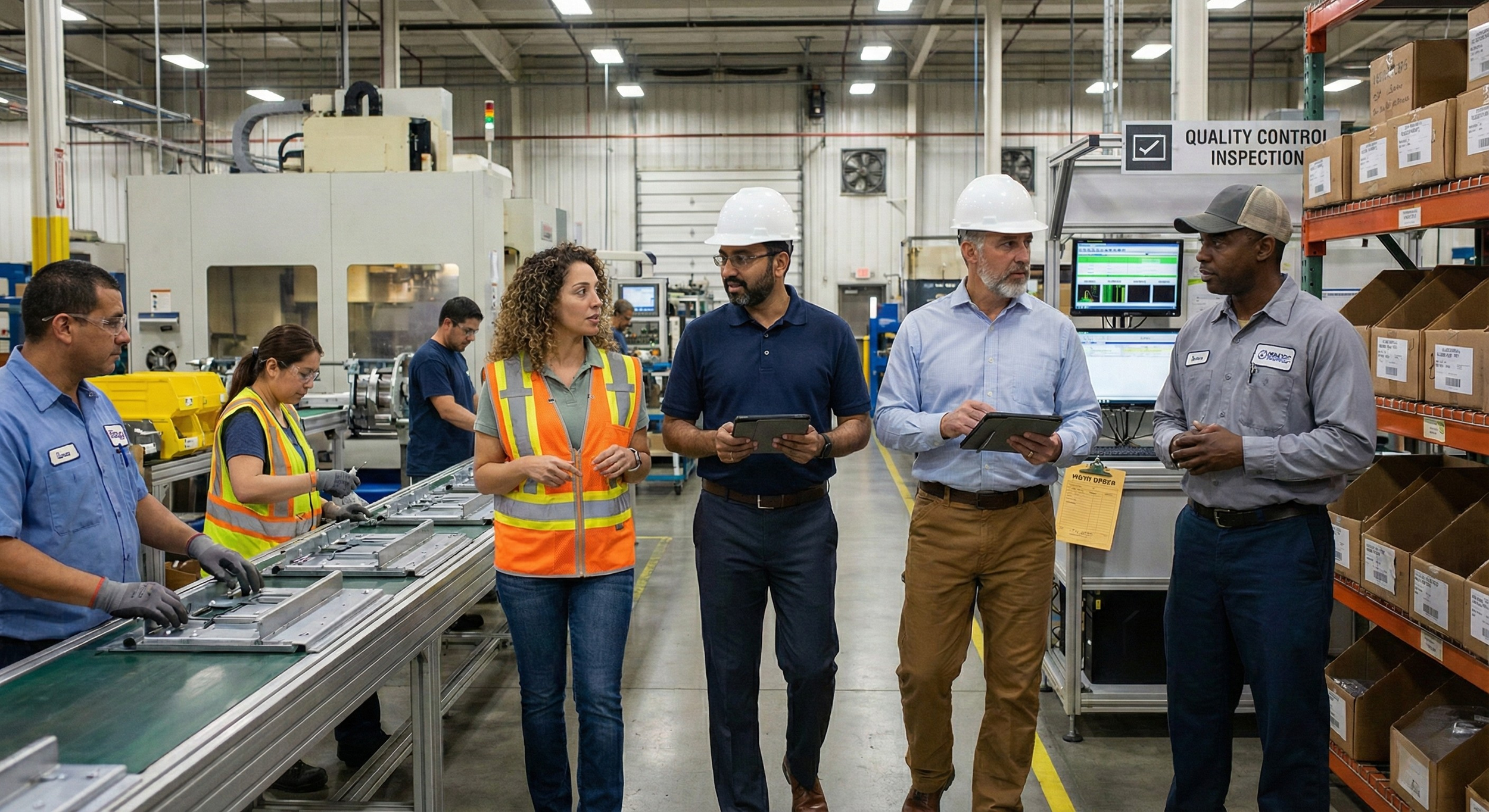 Manufacturing workers inspecting machinery and quality control in an industrial factory.