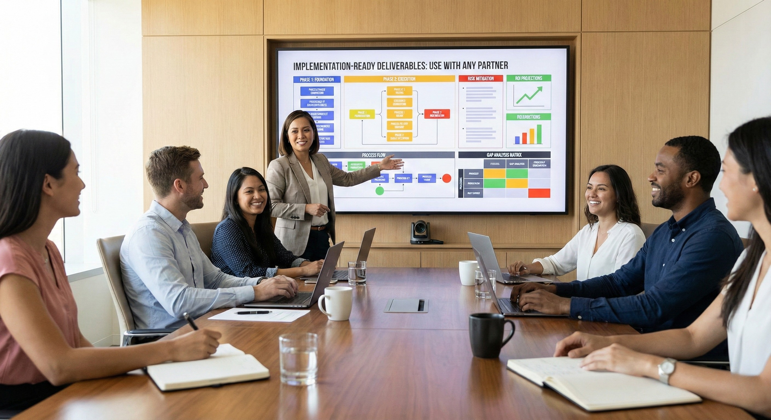 A woman presents in front of a conference room to a group of six diverse colleagues sitting at a large table, with a screen behind her displaying a presentation with charts and data.