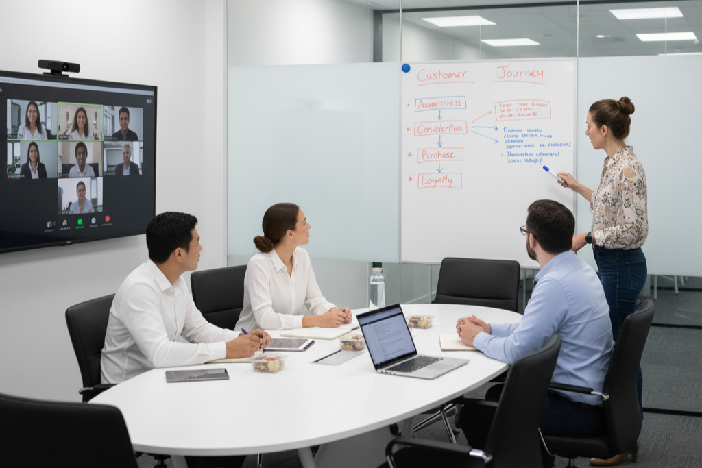 A woman is presenting to a group of three people in a conference room, with a whiteboard showing a customer journey diagram and a large screen displaying a video call with multiple participants.