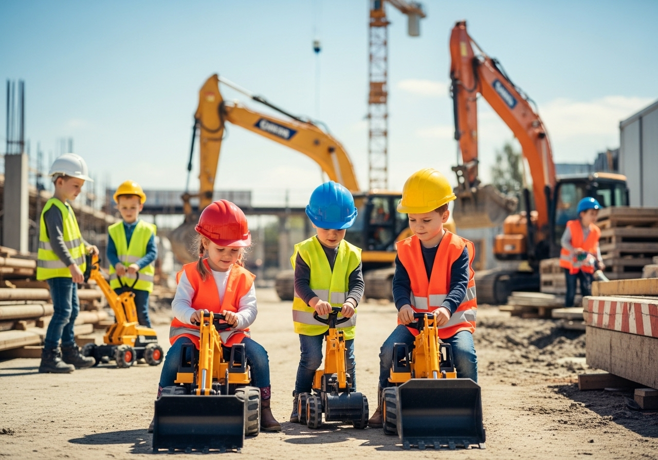 Children wearing construction helmets and vests playing with toy excavators on a construction site with real construction equipment in the background.