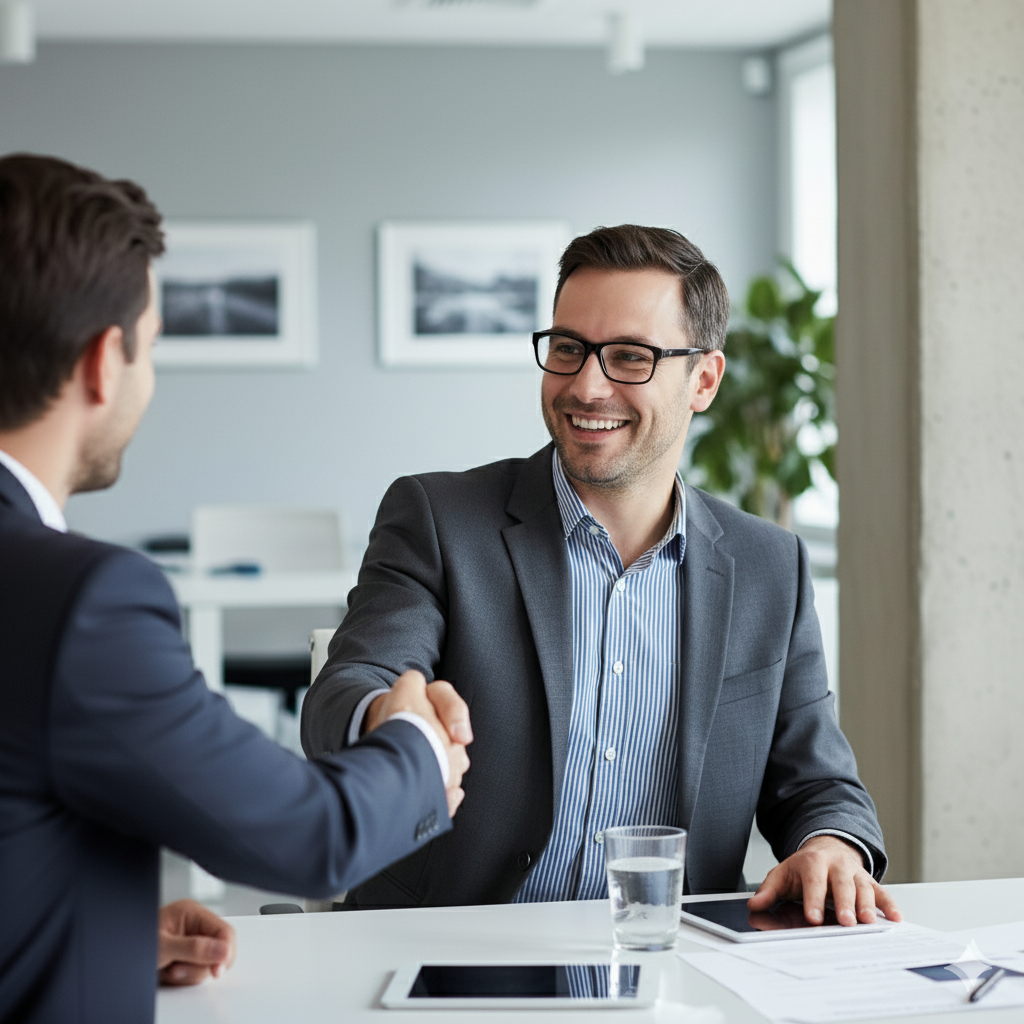 Two businessmen in suits shaking hands in a modern office, smiling, with a tablet, glass of water, and documents on the table.