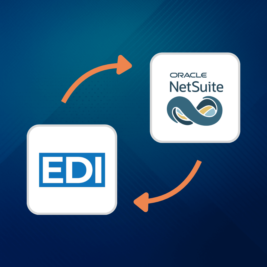 Diagram showing integration between EDI and Oracle NetSuite software with arrows indicating data flow.