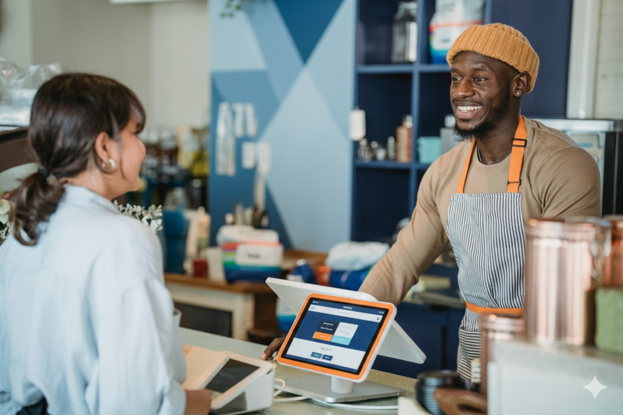 A man in a beanie and apron smiling at a woman in a white shirt at a counter in a cafe or shop.