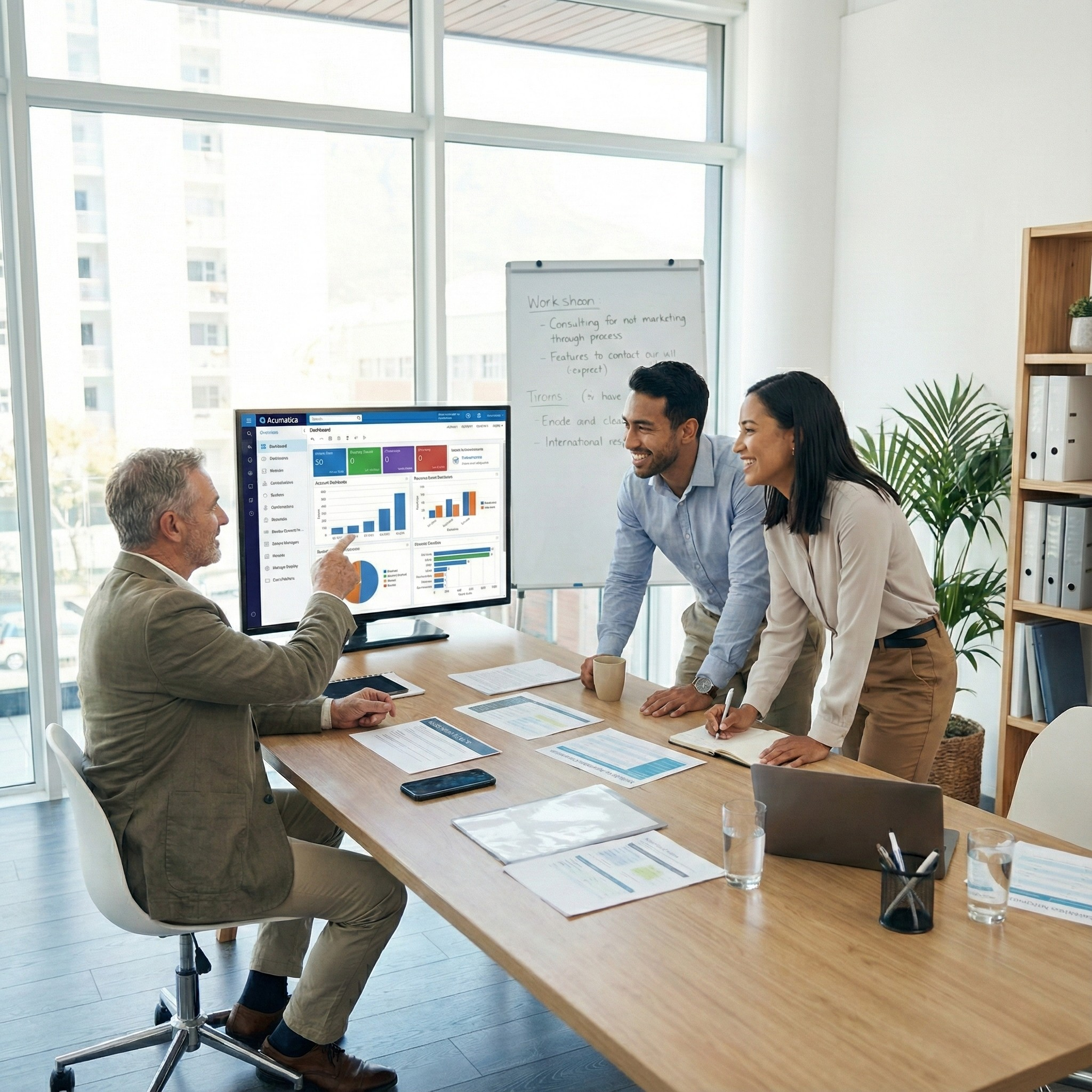 Three people having a business meeting in a modern office with large windows. One person is sitting and pointing to a computer screen displaying graphs. Two others are standing and smiling, taking notes. There are documents, a laptop, and glasses on the table, and a whiteboard with notes in the background.