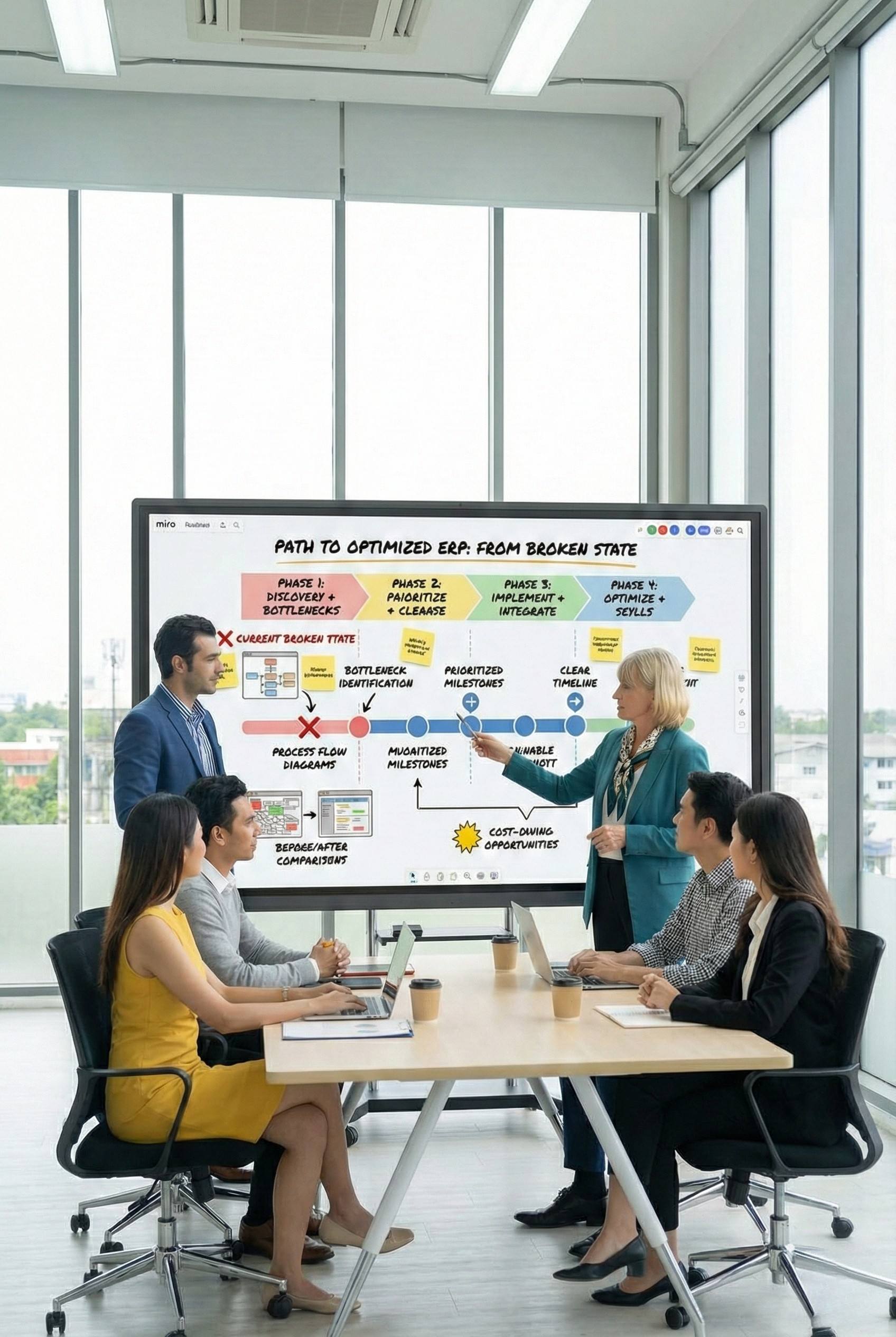 Business meeting in a conference room with five people, three women and two men, facing a woman in a teal blazer who is explaining a flowchart about optimizing ERP processes on a large screen.