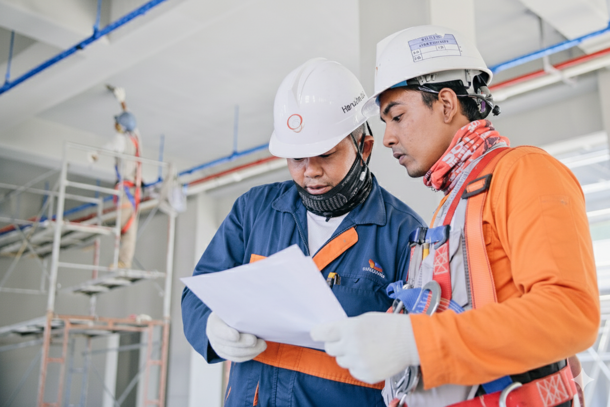 Two construction workers in safety gear, including helmets and gloves, reviewing blueprints inside a building under construction.