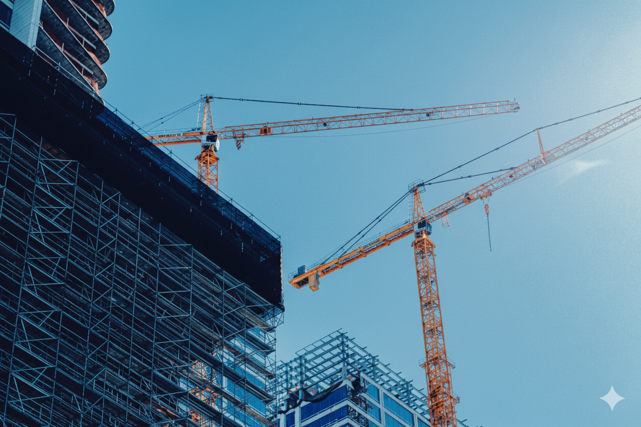 Construction site with high-rise building under construction, featuring scaffolding and two orange tower cranes against a clear blue sky.