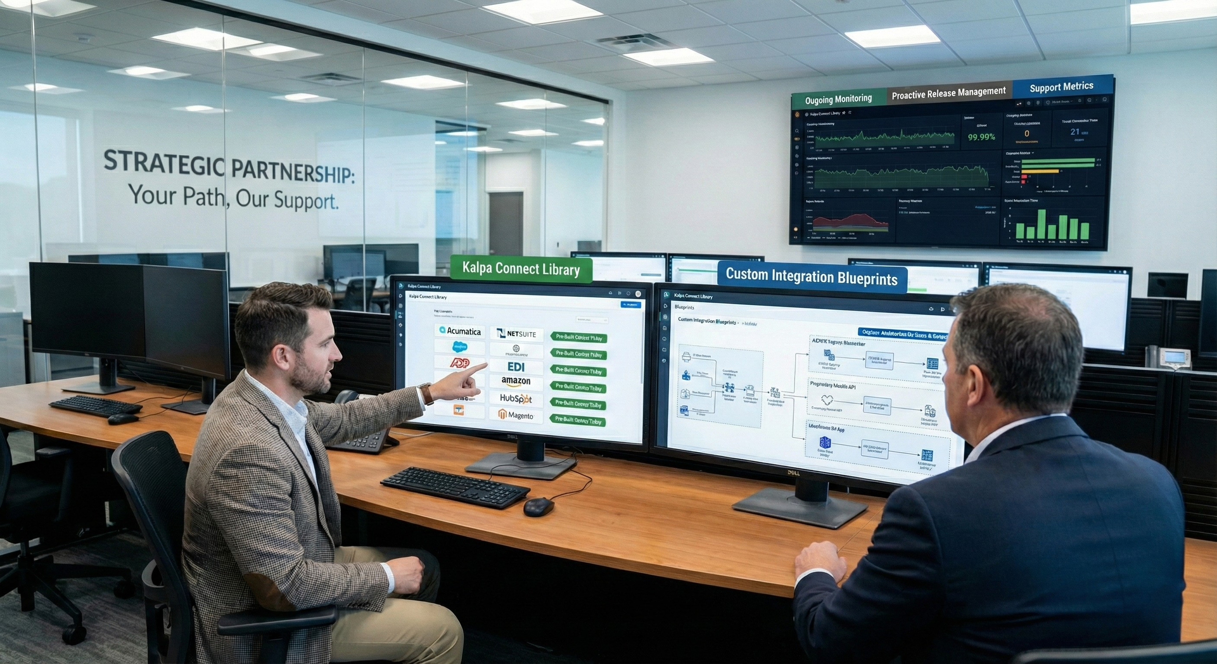 Two men in business attire sitting at a conference table with multiple computer monitors displaying data charts and integration blueprints in a corporate office.