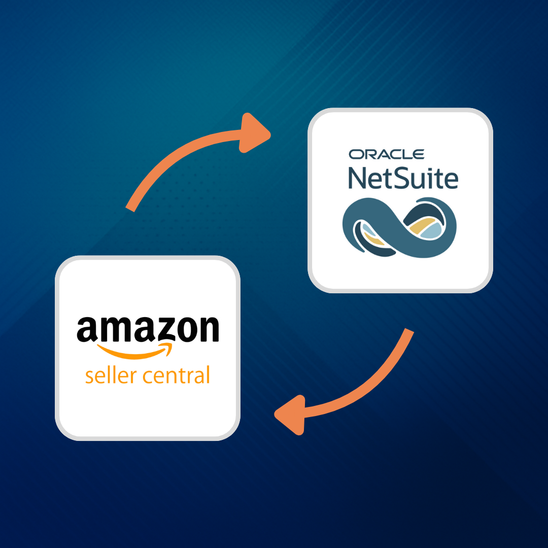 Diagram showing integration between Amazon Seller Central and Oracle NetSuite with arrows indicating data flow between the two platforms.
