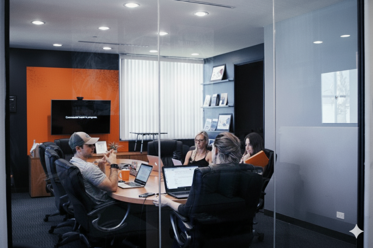 Four people are sitting around a conference table in a modern office, some working on laptops and one holding a folder. One person is speaking, and the others are listening. The room has gray walls, a large window with blinds, and a TV screen on the wall.