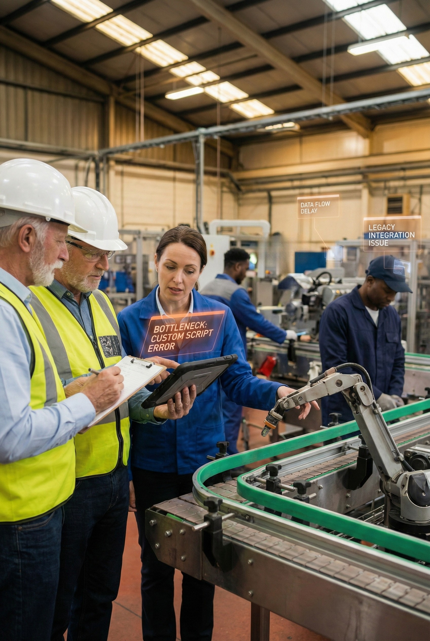 Workers in a factory discussing production issues, with digital labels indicating a bottleneck error, data flow delay, and legacy integration issue.