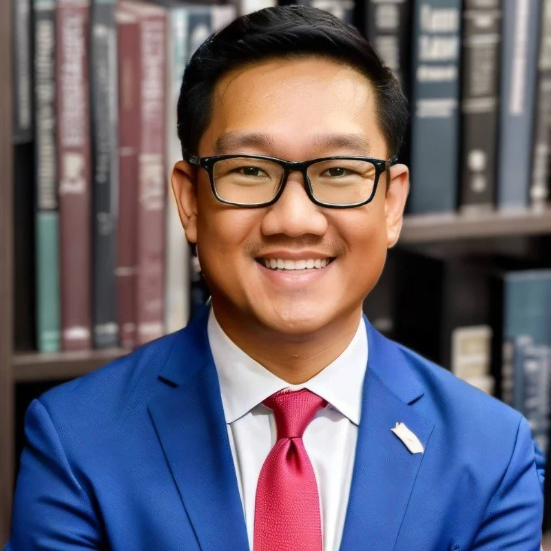 A smiling man in a blue suit, white shirt, and red tie, wearing glasses, standing in front of a bookshelf.