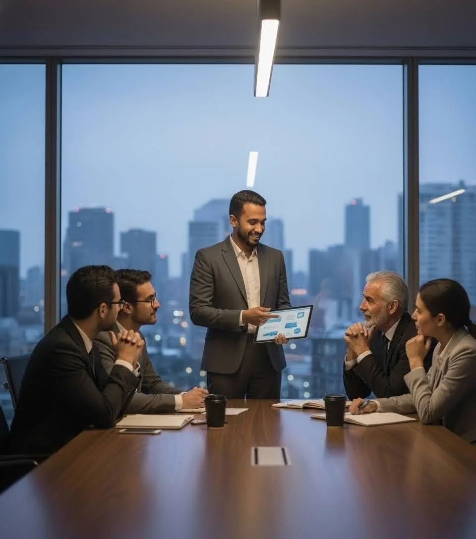A group of business professionals in a conference room with large windows showing a city skyline, engaging in a meeting. One man is standing and presenting with a tablet, while four others sit at the table listening.