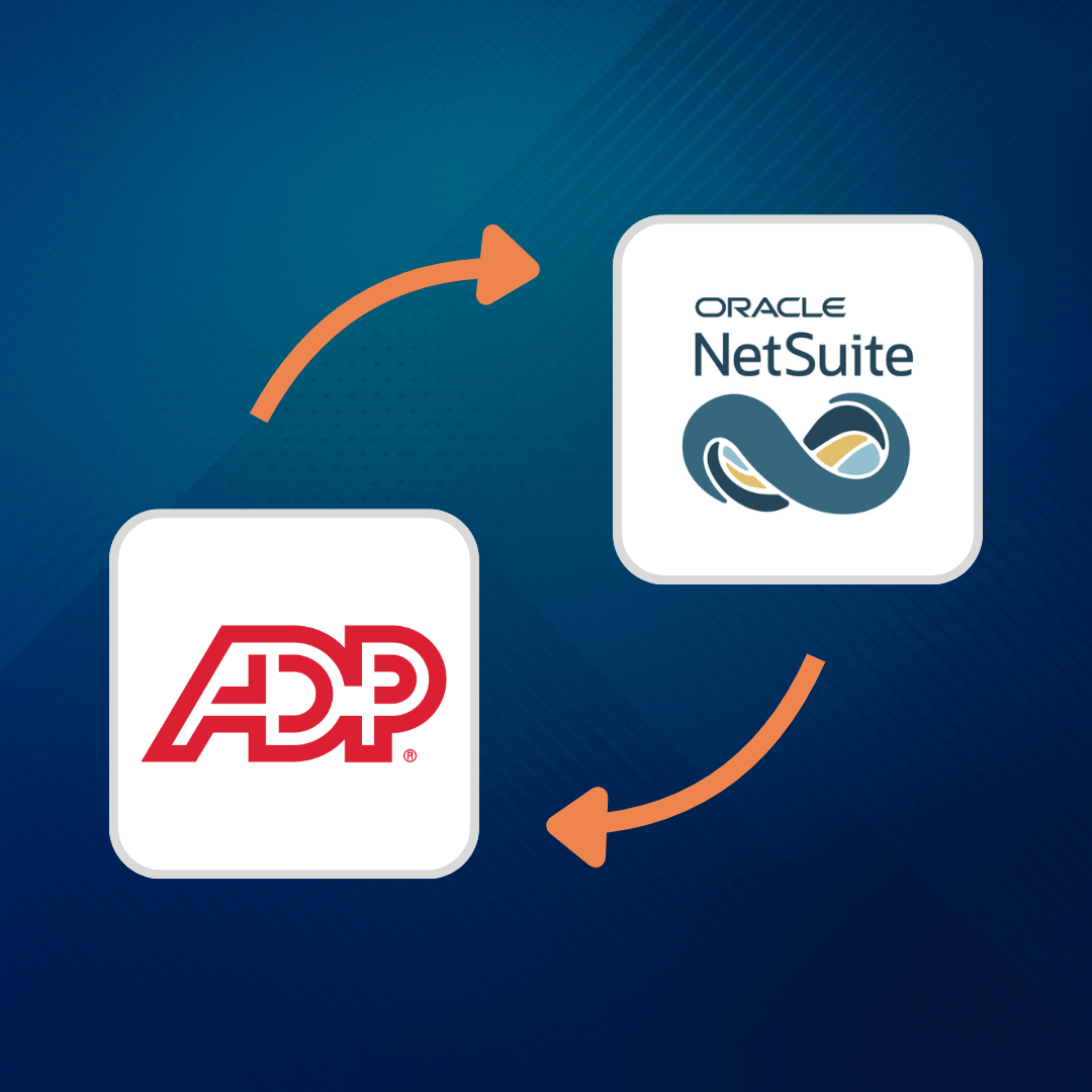 Diagram showing integration of ADP and Oracle NetSuite with arrows pointing back and forth between the two logos.