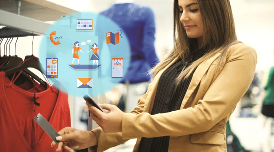 A woman shopping in a clothing store, looking at her phone with a virtual layer of business and communication icons overlaying the image, including email, mobile apps, and customer service elements.