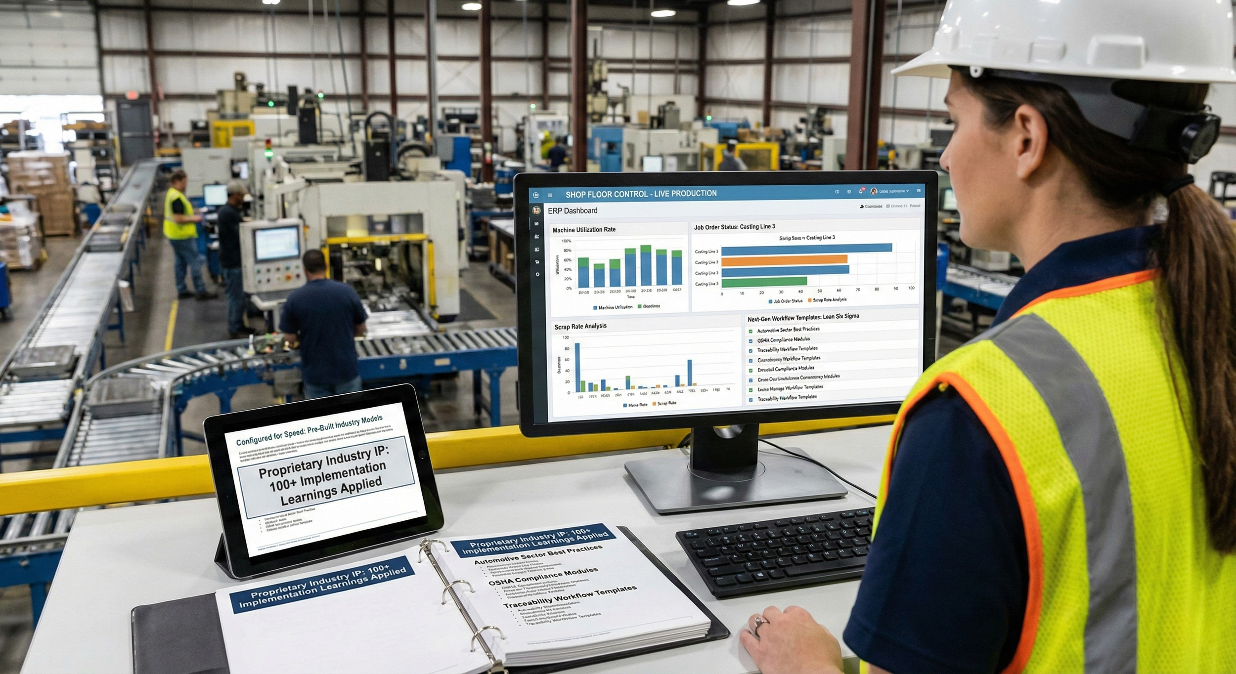 Woman in safety vest and helmet working on computer monitor displaying data dashboards in manufacturing warehouse.