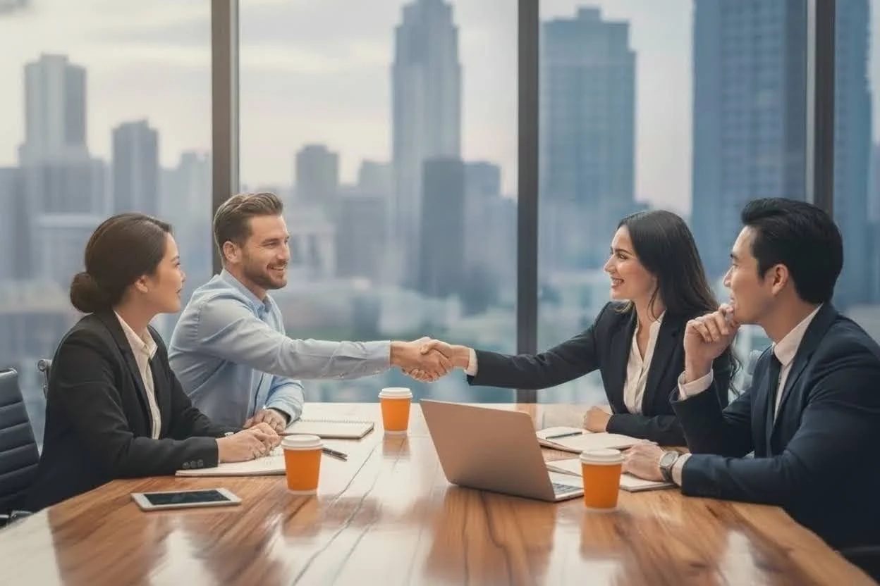 Two men and two women in business attire sitting at a conference table shaking hands with city skyscrapers visible through large windows in the background.