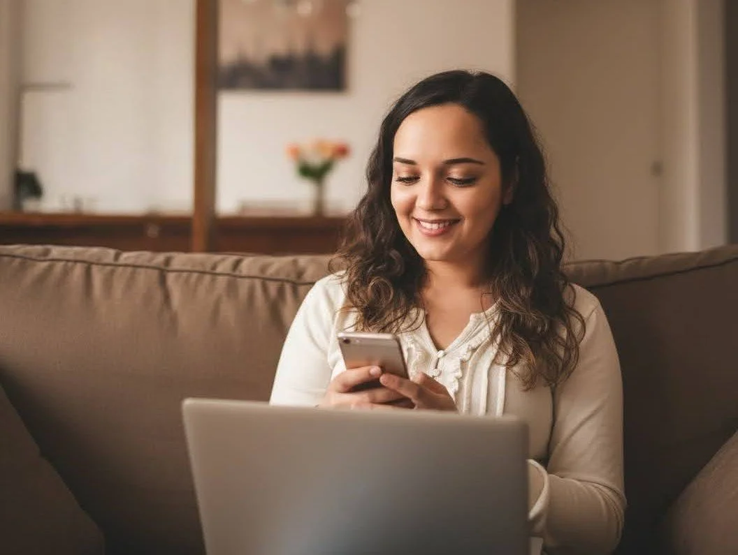 A woman sitting on a beige couch, looking at her phone and smiling, with a laptop open in front of her, in a cozy living room.