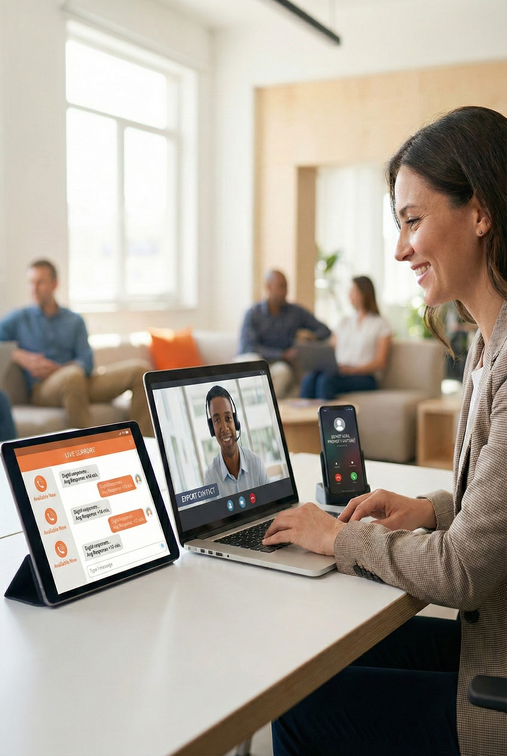 A woman participating in a video call with a woman on a laptop screen, with colleagues seated in the background in a bright office.