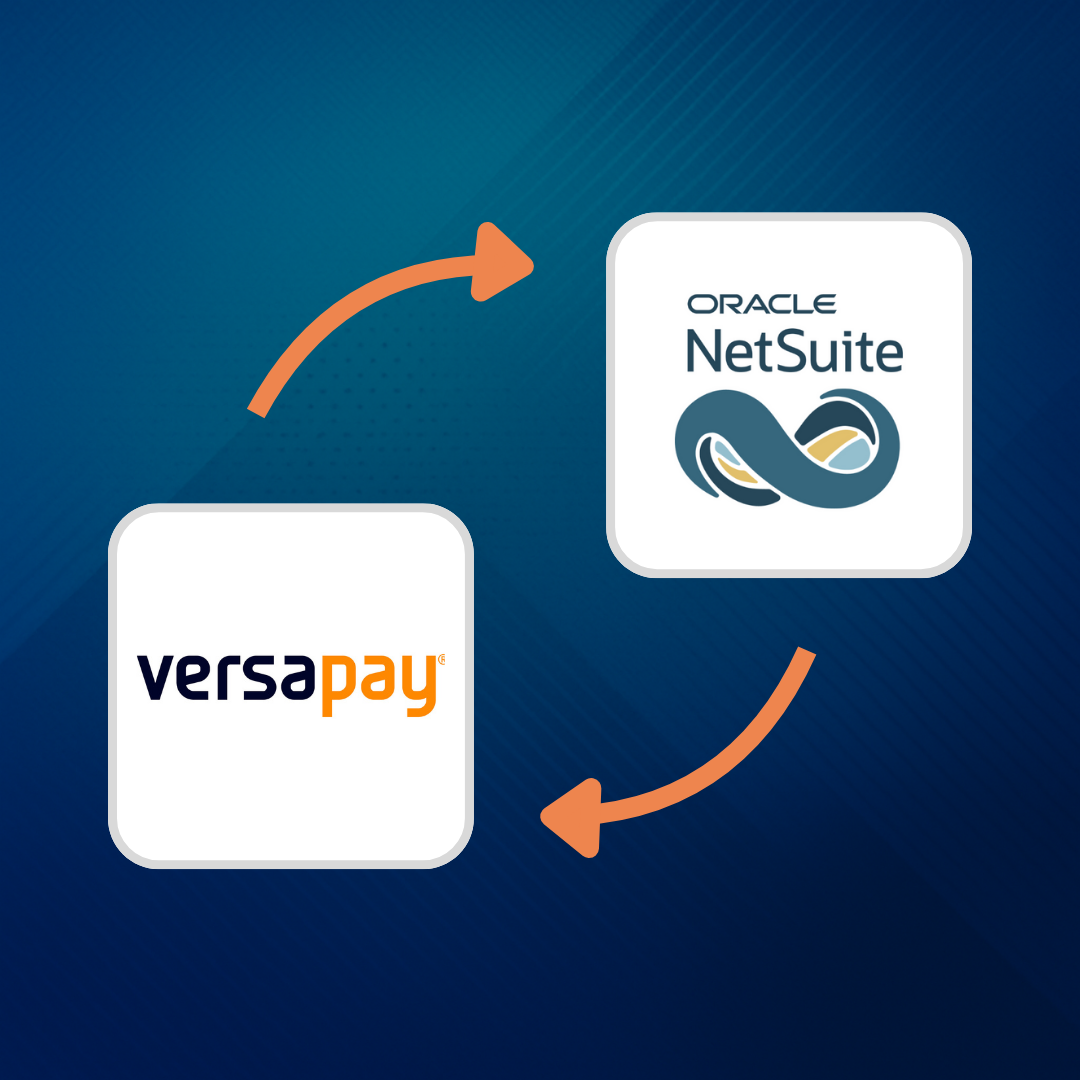 Diagram showing integration between VersaPay, Oracle NetSuite, with arrows indicating data flow.