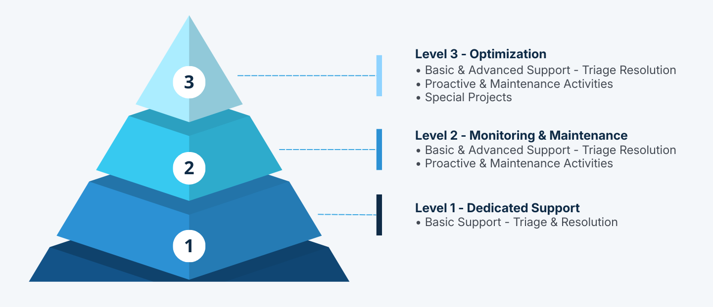 A pyramid diagram illustrating three support levels, each with descriptions on the right. Level 1 labeled 'Dedicated Support' with basic triage and resolution support. Level 2 labeled 'Monitoring & Maintenance' with proactive activities. Level 3 labeled 'Optimization' with advanced support and special projects.