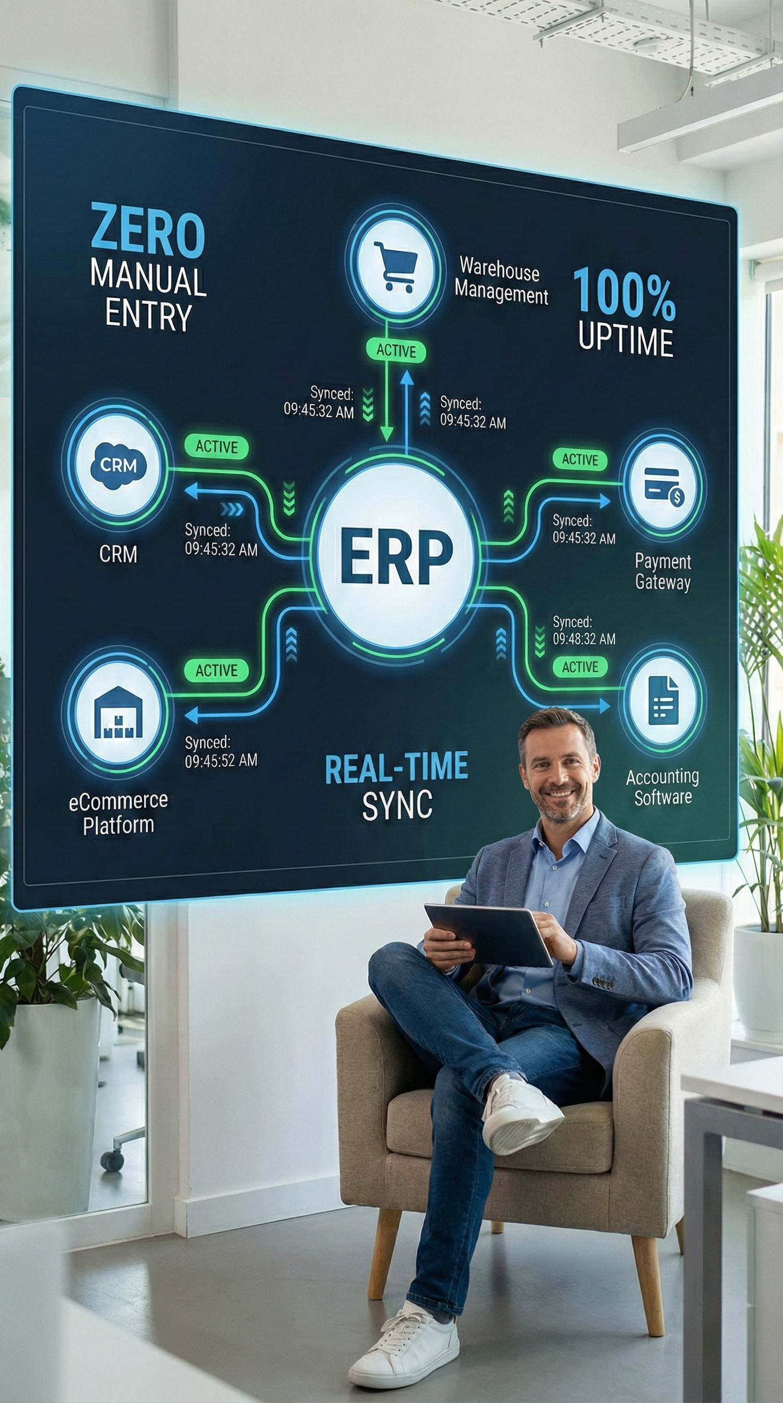 Man sitting in a beige armchair holding a tablet, smiling, with a large digital infographic about ERP system integration and real-time sync projected on a wall behind him.