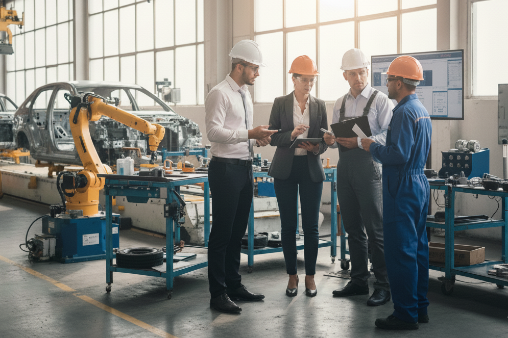 Group of engineers and workers in a manufacturing plant inspecting machinery and discussing work, with cars and robotic equipment in the background.