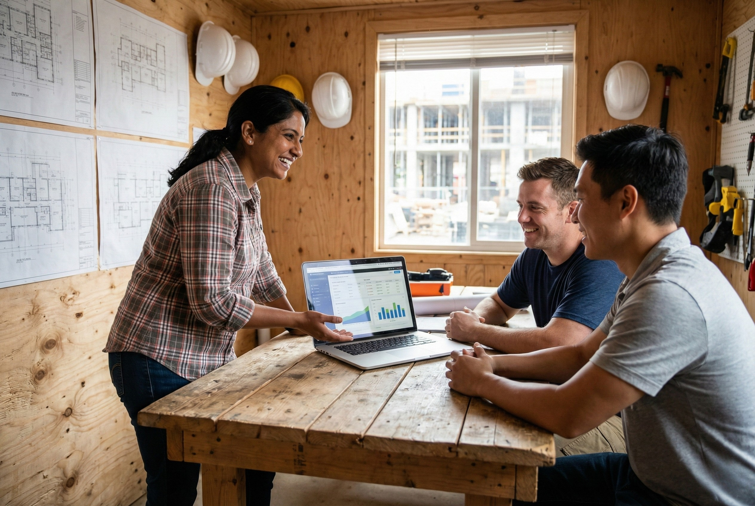 Three people sitting at a wooden table with a woman standing and presenting data on a laptop, in a rustic workshop or construction site office with blueprints and safety helmets on the wall.