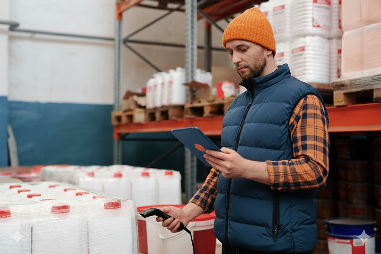 A man in an orange beanie and blue vest uses a handheld scanner and tablet in a warehouse with pallets of paint storage tanks.