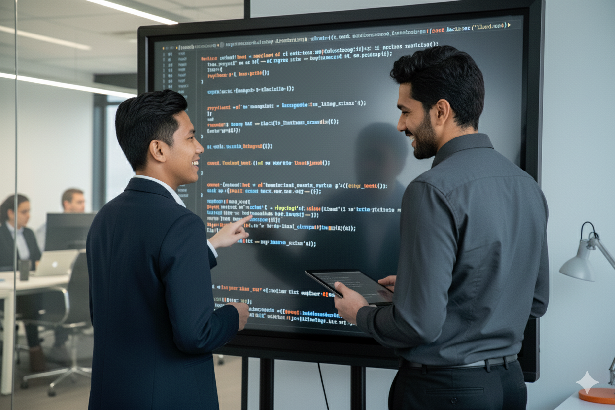 Two men in business attire standing and talking in front of a large screen displaying computer programming code, with a conference room and other people working in the background.