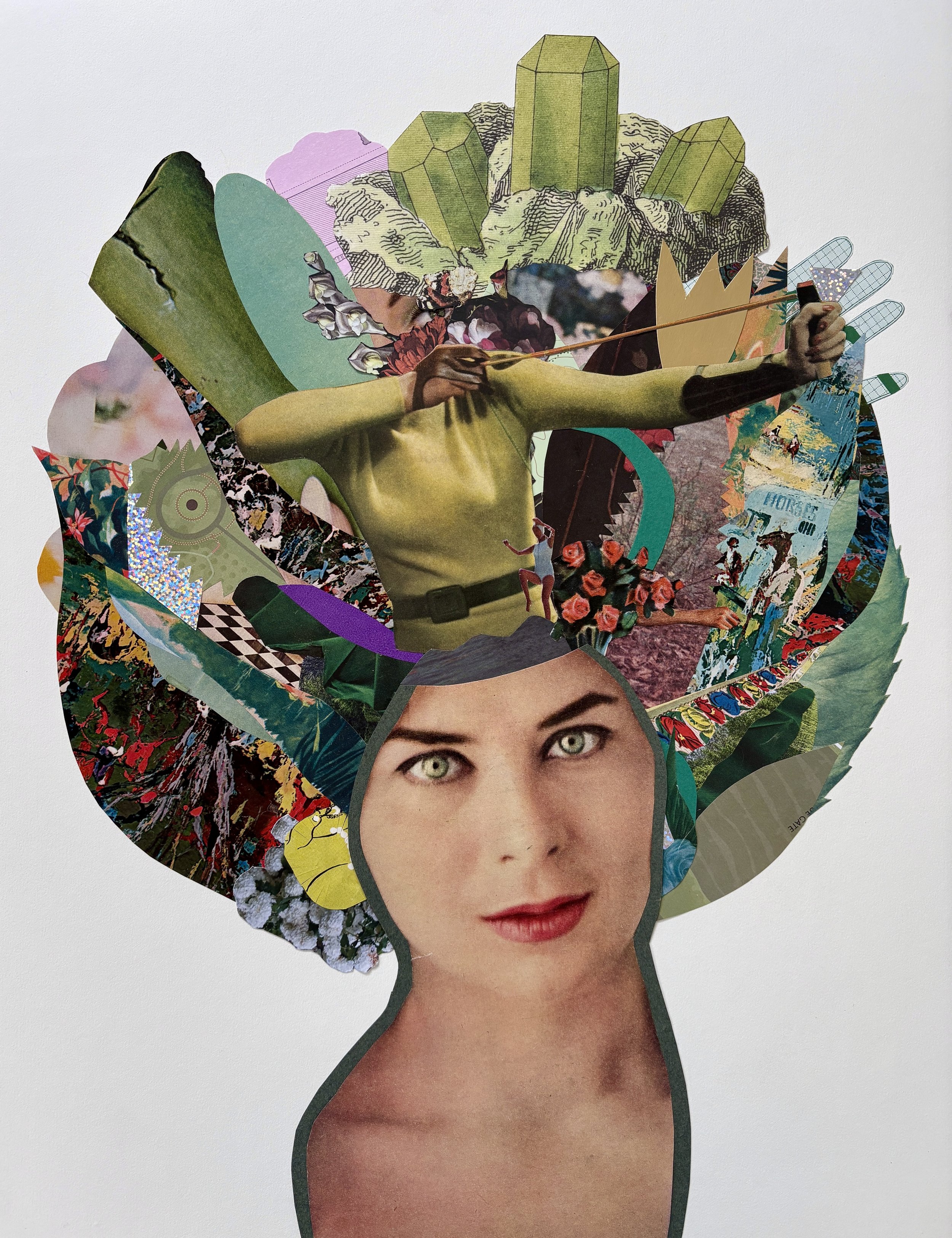 Analog collage of vintage magazines making portrait of woman with head full of different designs